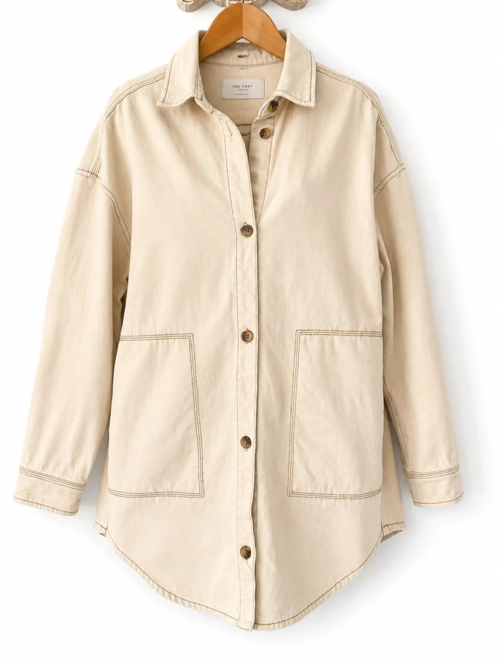 Oak + Fort Oversized Denim Shacket Jacket Cream Beige Utility XS - Picture 2 of 7